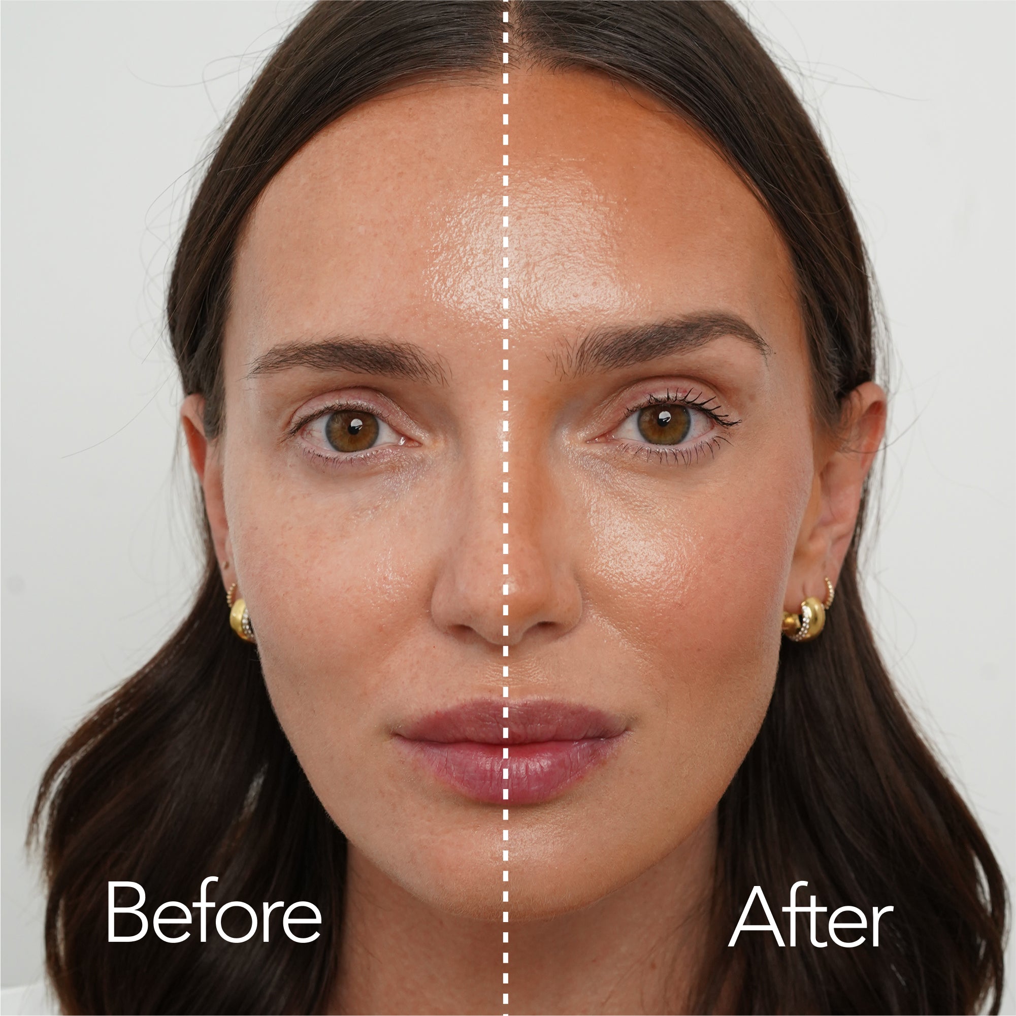 Before and After model using makeup. Beautyblender® makeup sponge ensures even application of makeup across every part of the model's face.