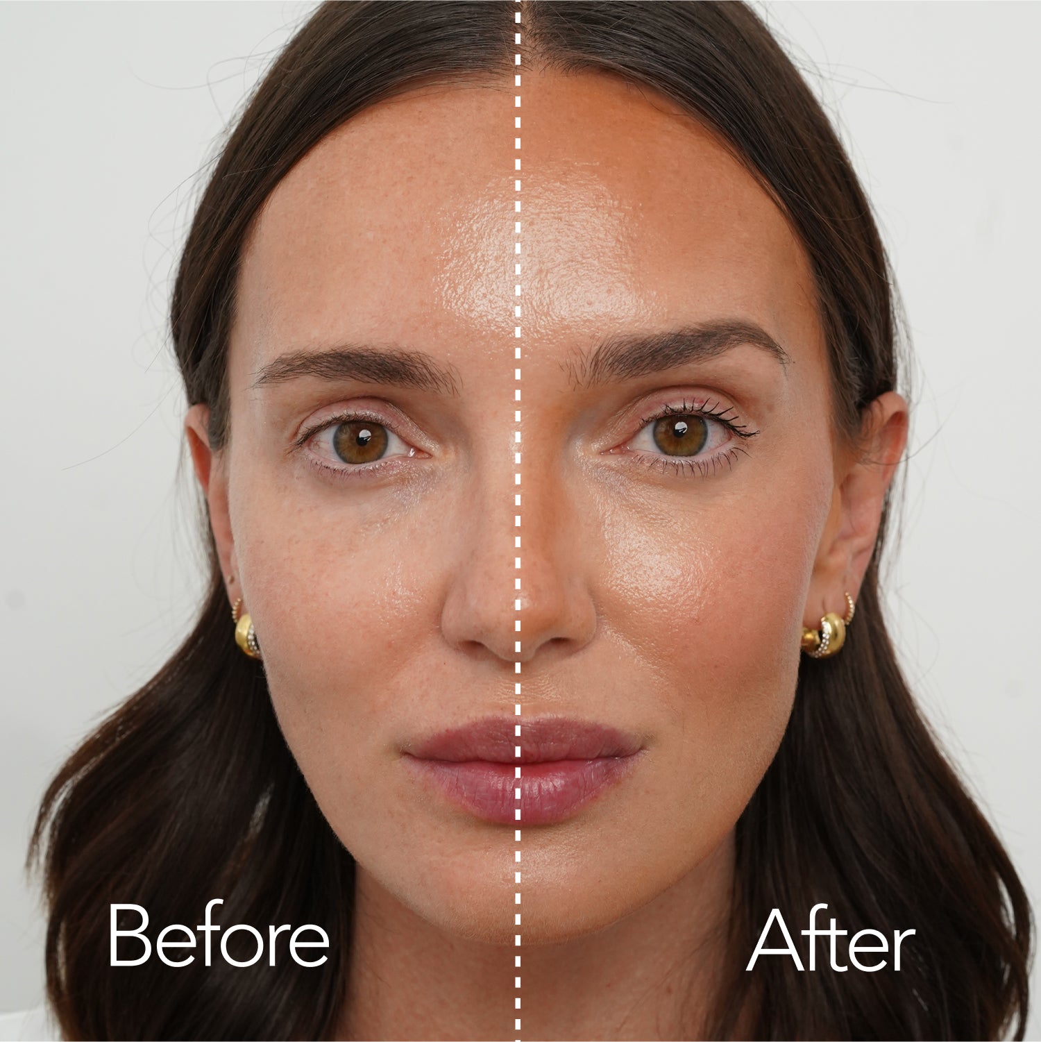 Before and After model using makeup. Beautyblender® makeup sponge ensures even application of makeup across every part of the model's face.