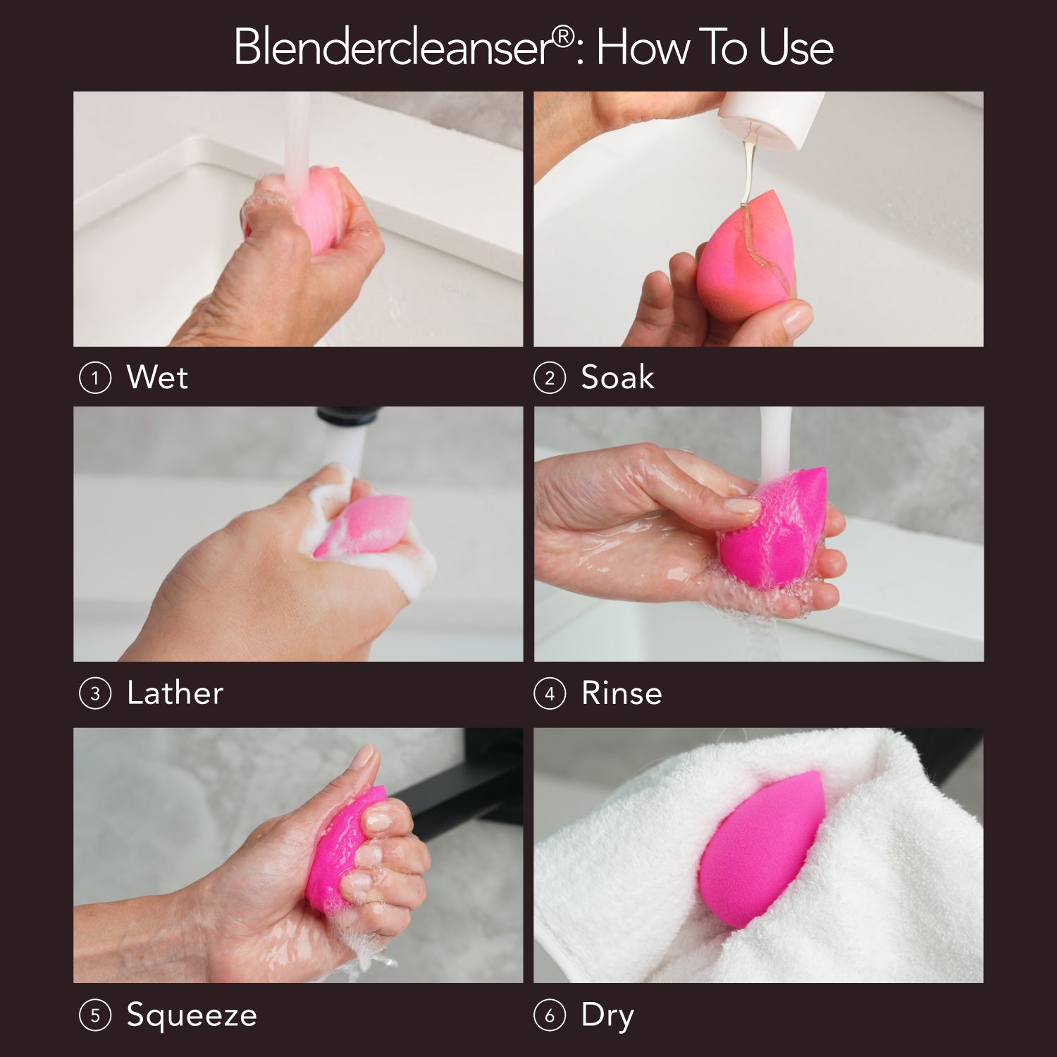Blendercleanser®: How To Use. 1) Wet. 2) Soak. 3) Lather. 4) Rinse. 5) Squeeze. 6) Dry.