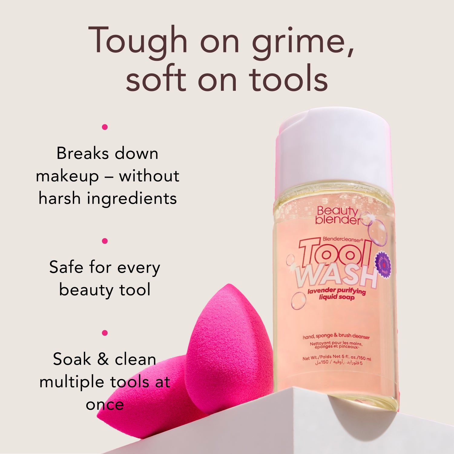 Tough on grime, soft on tools. Breaks down makeup - without harsh ingredients. Safe for every beauty tool. Soak & clean multiple tools at once.