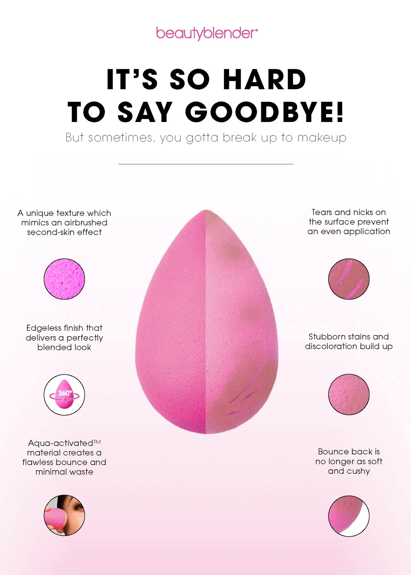 allbeautyblender-beautyblender®-its-so-hard-to-say-goodbye-but-sometimes-you-gotta-break-up-to-makeup-a-unique-texture-which-mimics-an-airbrushed-second-skin-effect-edgeless-finish-that-delivers-a-perfectly-blended-look-aqua-activated™-material-creates-a-flawless-bounce-and-minimal-waste-tears-and-nicks-on-the-surface-prevent-an-even-application-stubborn-stains-and-discoloration-build-up-bounce-back-is-no-longer-as-soft-and-cushy