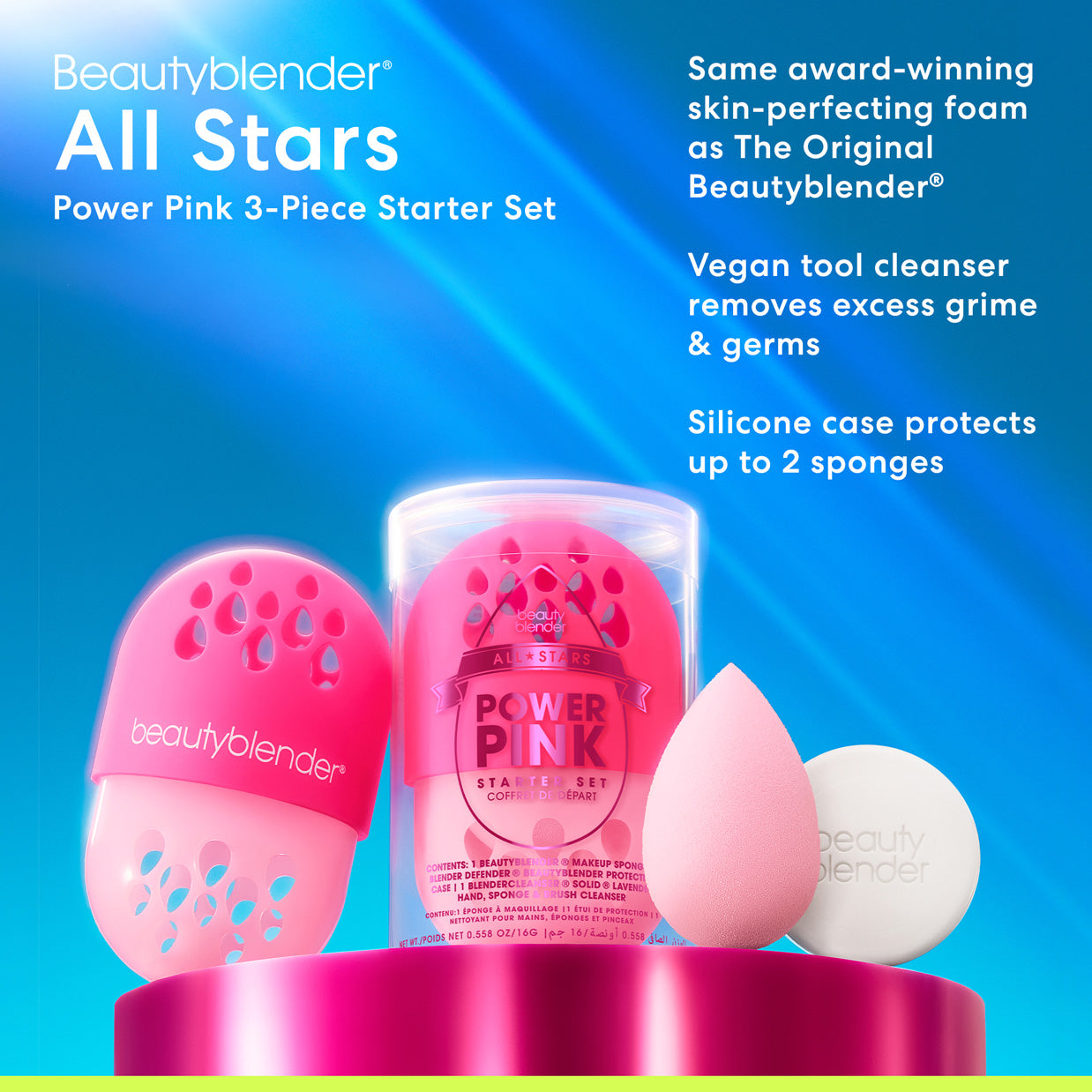 Beautyblender® All Stars Power Pink 3-Piece Starter Set. Same award-winning skin-perfecting foam as The Original Beautyblender®. Vegan tool cleanser removes excess grime & germs. Silicone case protects up to 2 sponges.