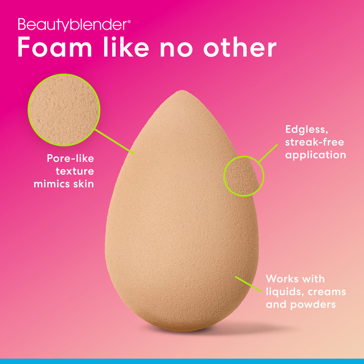 Beautyblender®. Foam like no other. Pore-like texture mimics skin. Edgless, streak-free application. Works with liquids, creams and powders.