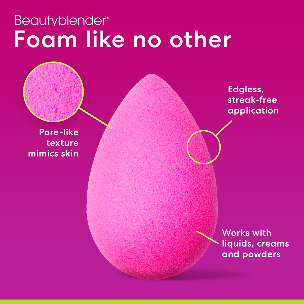Beautyblender®. Foam like no other. Pore-like texture mimics skin. Edgless, streak-free application. Works with liquids, creams and powders.