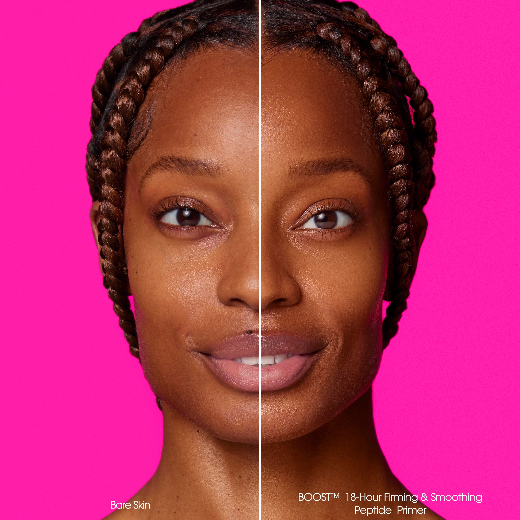 Comparison between bare skin and post application of primer. Makeup becomes much more evenly distributed after application of BOOST™ 18-HOUR Firming & Smoothing Peptide Primer.