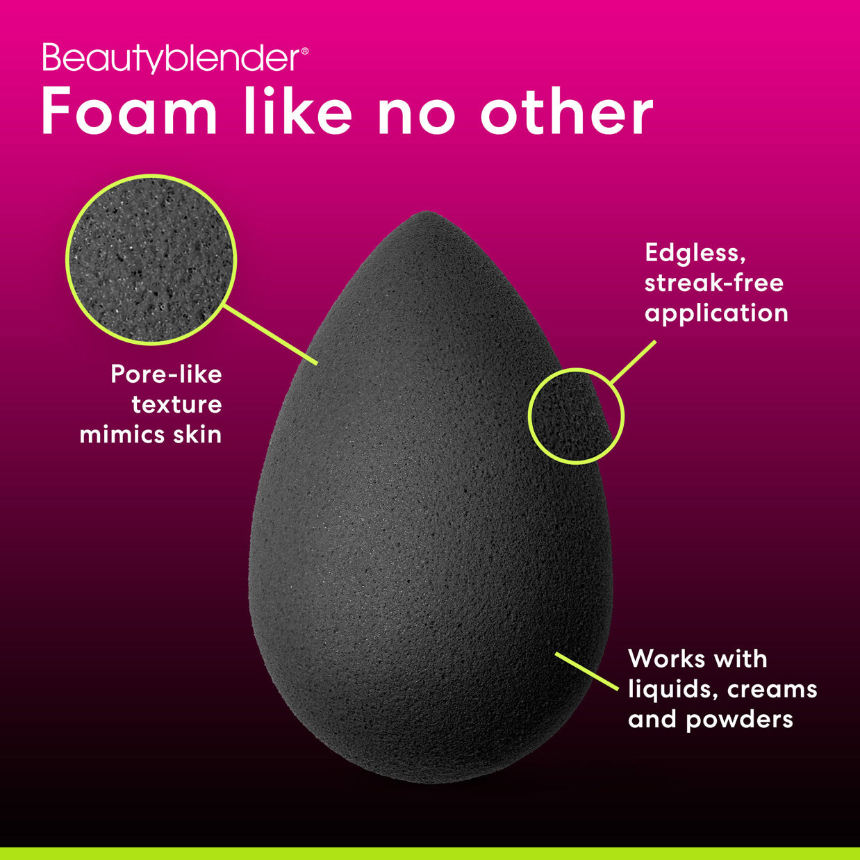 Beautyblender®. Foam like no other. Pore-like texture mimics skin. Edgless, streak-free application. Works with liquids, creams and powders.