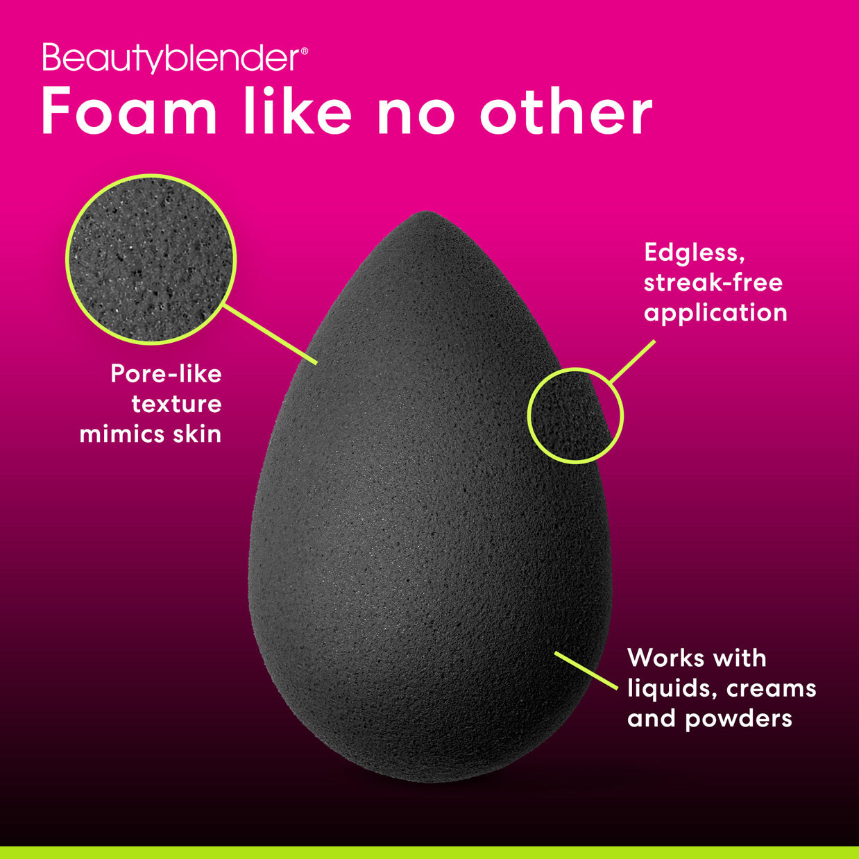 Beautyblender®. Foam like no other. Pore-like texture mimics skin. Edgless, streak-free application. Works with liquids, creams and powders.